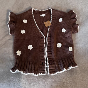 Women's Blu Pepper Brown & White Floral Knit Cardigan Western Touch L